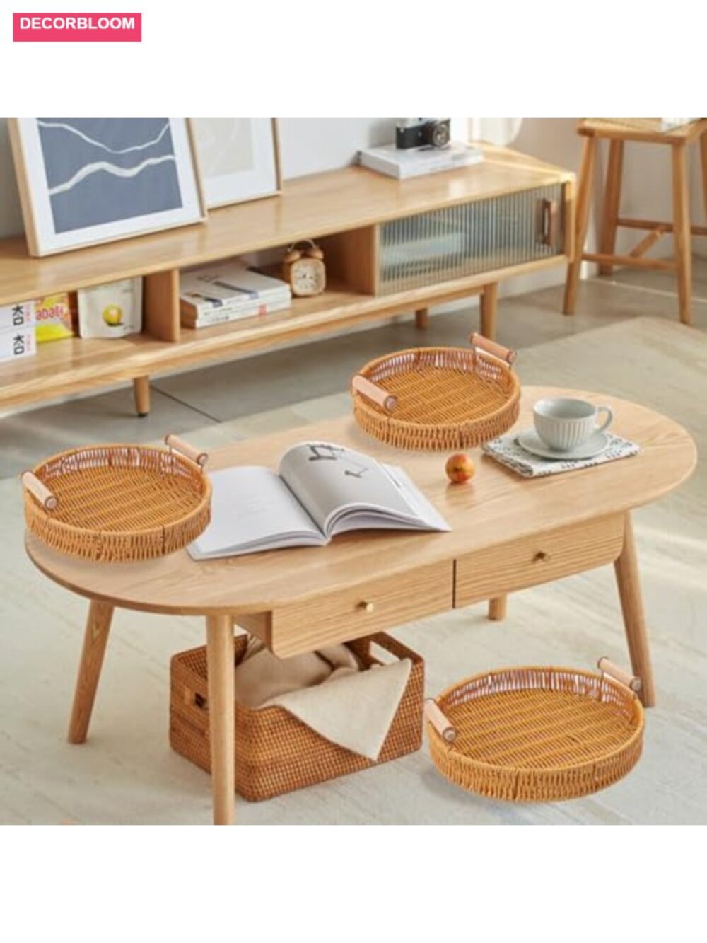 3 Pack Round Rattan Serving Trays with Handles Woven Baskets for Home - Picture 5 of 6